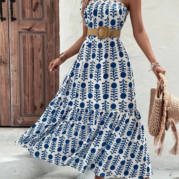 Blue Boho Womens Geo Print Ruffle Hem Cami Dress - Picture 4 of 5